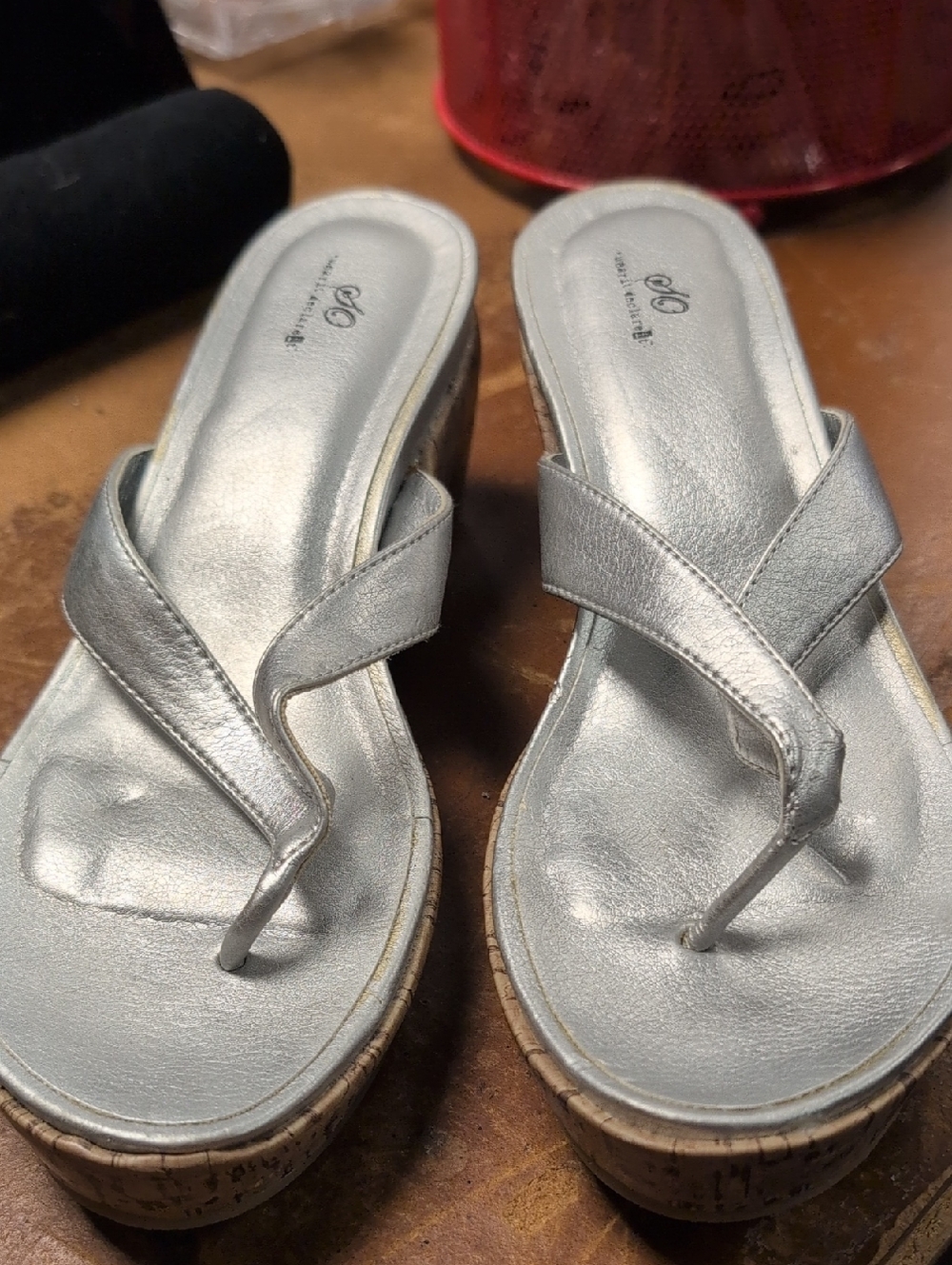 So Wear It Declare It Metallic Silver Cork Wedge Thong Sandals